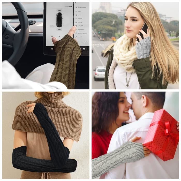 PHOGARY 3 Paires Gants Sans Doigts Mitaines Femme, Fausse Fourrure Gants Sans Doigts Tricoté Mitaine Femme Chauffe-Poignets Gants Femme Hiver Chaud Gants Longs Gants Pour L'automne Hiver, B, Beige