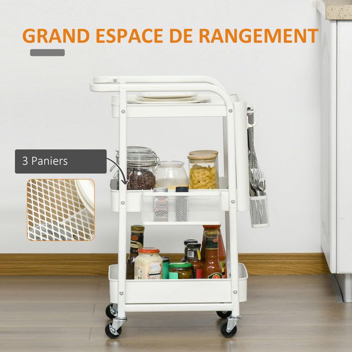Homcom - Desserte de cuisine à roulettes - tiroir, placard, porte-serviette - MDF blanc plateau bois hévéa Homcom - Desserte de cuisine à roulettes - tiroir, placard, porte-serviette - MDF blanc plateau bois hévéa
