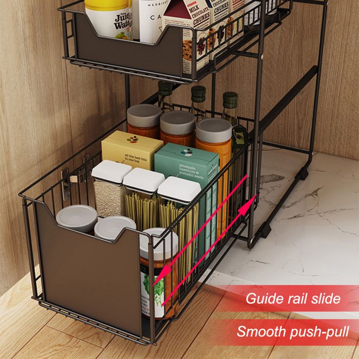 Organisateur Coulissant 2 Niveaux Pour Placard - 26x37x38,5 Cm, Acier, Rangement Sous Évier/Cuisine/Salle De Bain