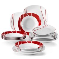 MALACASA Assiette Série FELISA, 18 pièces Service de Table Complet en Porcelaine, Motif à rayures blanches et rouges