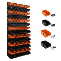 Lot de 84 boîtes XS S et M bacs a bec orange et noir pour système de rangement 58 x 117 cm au garage