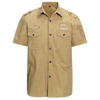 Chemise Militaire Homme en Coton Manches Courtes Chemise Ete Avec Poches Couleur Unie Tissu Confortable - Kaki