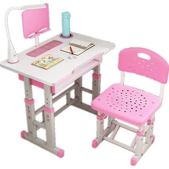 Bureau pour Enfants Ergonomique 80cm - Rose - Avec Chaise et Lampe - Réglage En Hauteur