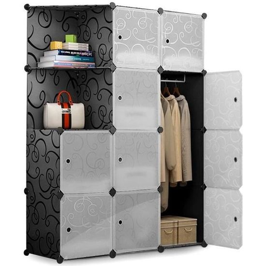 Armoire De Rangement Portable Bonnlo - Cube DIY 10 Cubes Avec Tringle à Vêtements, 72x47x177 Cm Blanche Et Noire