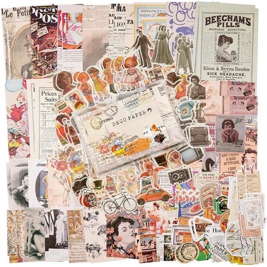 200PCS Autocollant Scrapbooking Vintage Papier Autocollant Stickers Fournitures de Scrapbooking