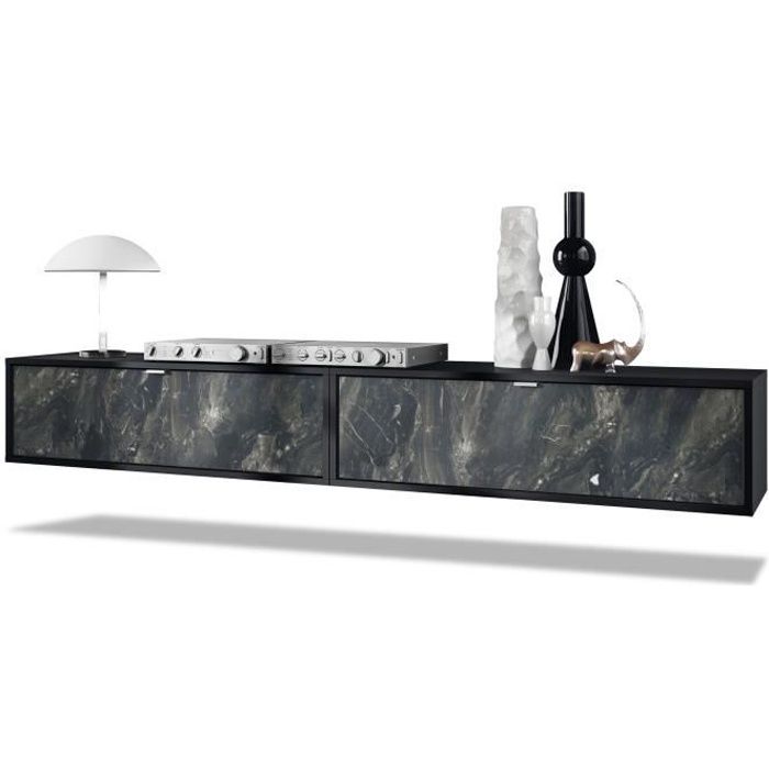 vladon ensemble de 2 set meuble tv lana 100 armoire murale lowboard 100 x 29 x 37 cm en noir mat, façades en marbre graphite
