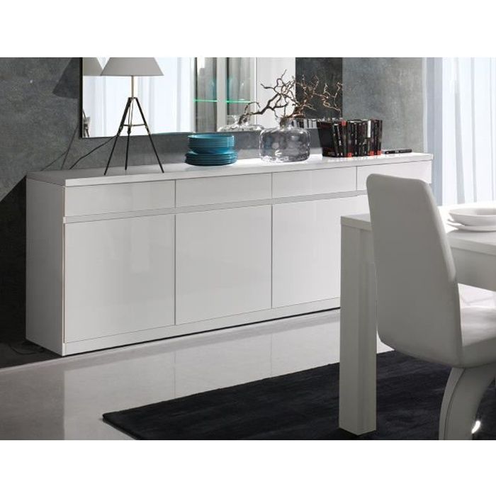 Buffet, bahut, enfilade 4 portes et 4 tiroirs FABIO. Blanc laqué high gloss. Meuble design pour votre salon salle à manger