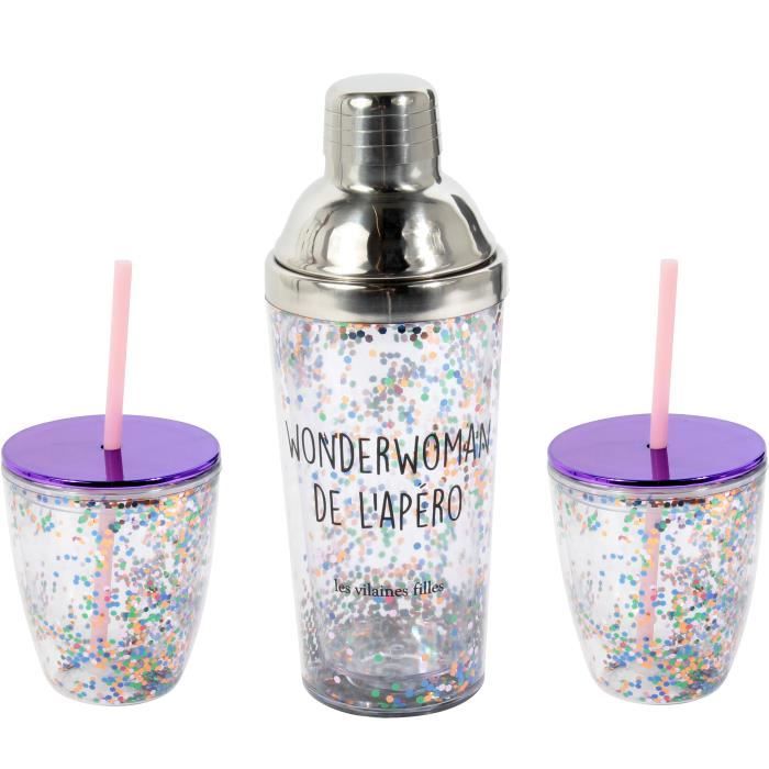 Les Vilaines Filles 38-VF-024 Shaker et Verres hermétiques Couvercle paille Wonderwoman de l'apéro Transparent gris rose violet pail