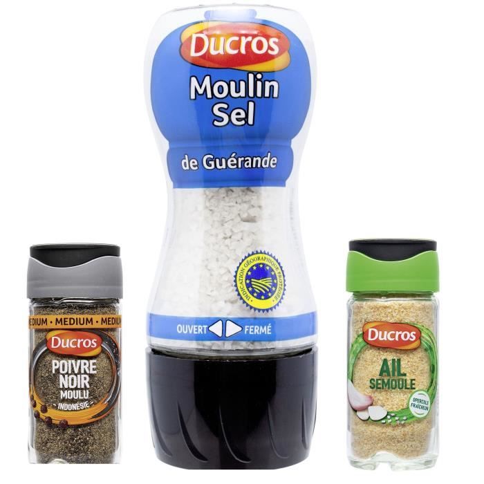DUCROS Poivre moulus noir Classique Nº 8 + Moulin sel de Guérande + Ail semoule