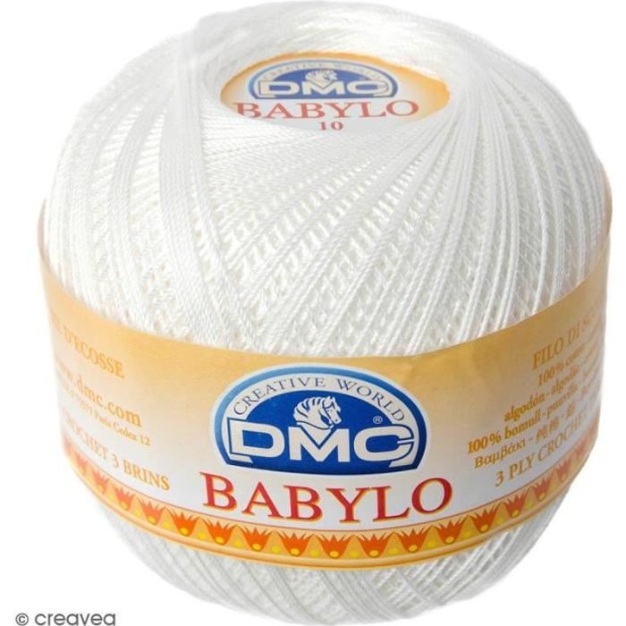 Fil DMC Babylo 10 - Différents coloris - 100 g Pelote DMC Babylo : Coloris : Blanc écru Matière : 100% coton Fil 3 brins Grosseur :