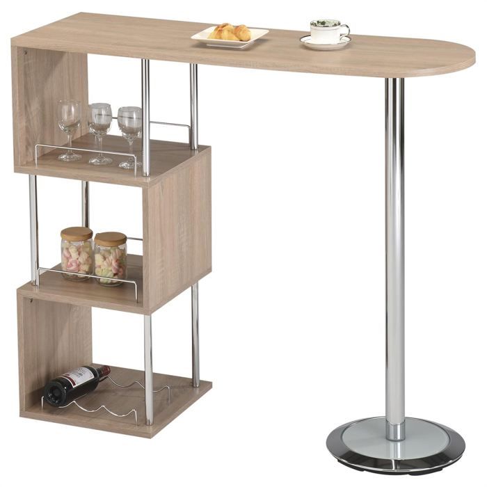 Table haute de bar VIGANDO mange-debout comptoir avec 3 étagères dont 1 porte-bouteilles en métal chromé et plateau MDF chêne sonoma