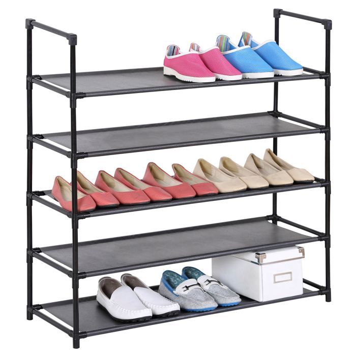 Etagères à chaussures WILLY rangement avec 5 tablettes en tissu et une structure en métal laqué noir