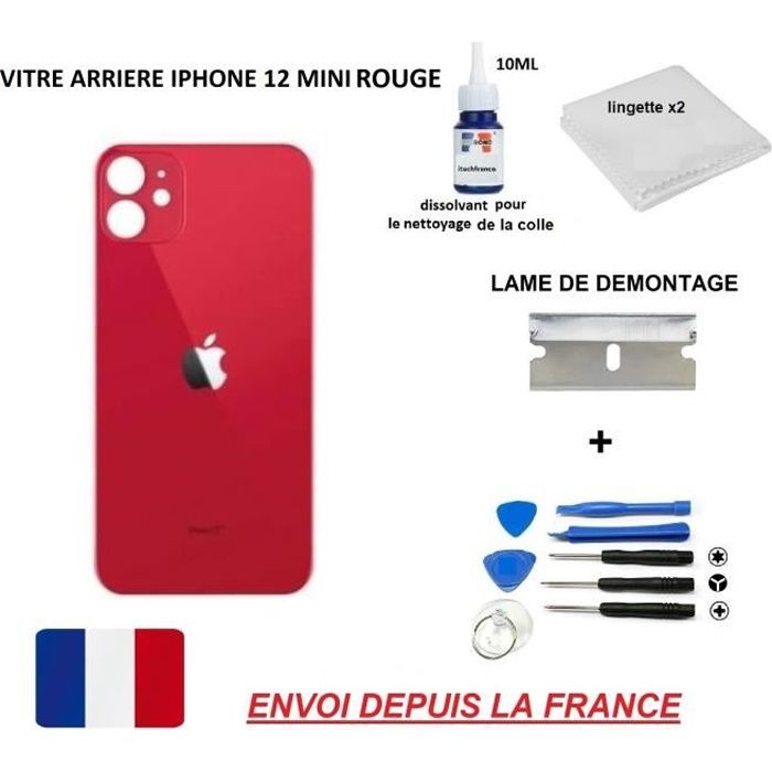 ITECHFRANCE® vitre arrière compatible IPHONE 12 MINI ROUGE 5.4 qualité origine en verre, coque cache batterie double face Adhésif,di