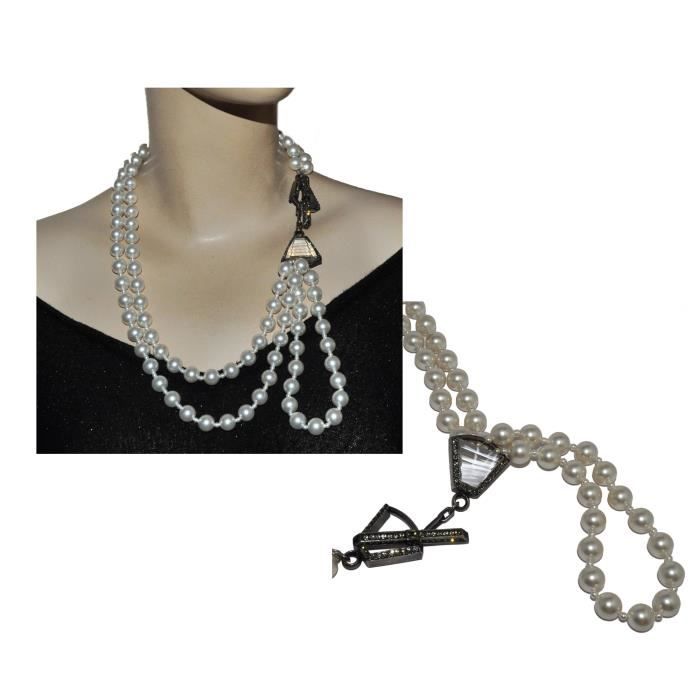 Collier signé Lanvin perles nacrées cristal métal argenté