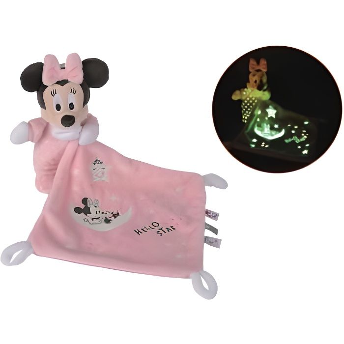 Peluche Minnie avec Mouchoir Phosphorescente Rose 17 Cm - Disney - Doudou Brille Dans La Nuit Blanc et Rose - Enfant - Cadeau Nais