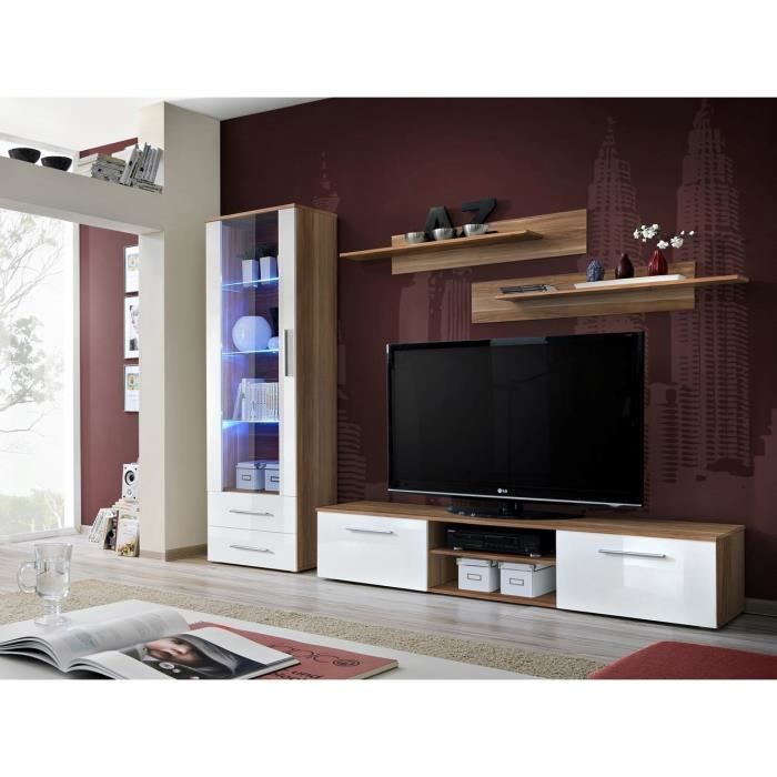Meuble TV GALINO design, coloris prunier et blanc brillant. Meuble moderne et tendance pour votre salon. 45 Marron