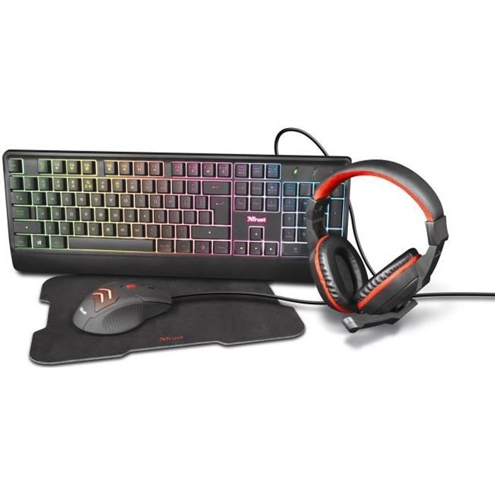 Trust Ziva Kit Gaming 4-en-1 avec Clavier éclairé, Souris, Tapis de Souris et Casque