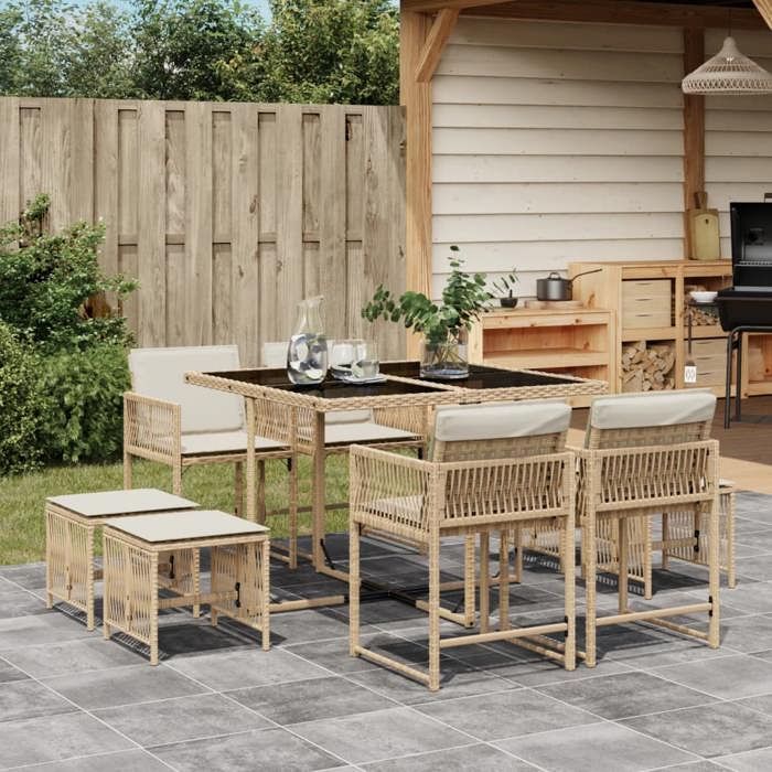 vidaXL Ensemble à Manger de Jardin avec Coussins 9 pcs Table et Chaises à Dossier Rabattable Meubles dExtérieur Patio 3211498