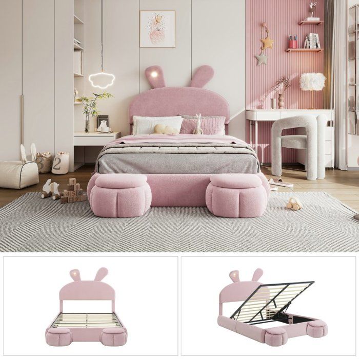 Lit enfant - LANGTU - Oreilles de lapin - Velours rose - LED oreille réglable - 2 tabourets de rangement