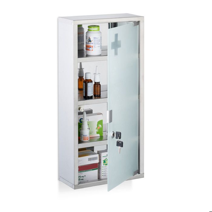 Relaxdays Armoire à pharmacie 4 compartiments acier inoxydable et verre opale H x L x P : 57 x 27 x 12 cm. argentée