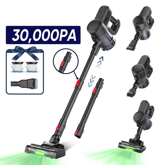 LAMZIEN Aspirateur Balai Sans Fil  V8 - 30000PA/40min - HEPA Filtration Efficace -silencieux - l&eacute;ger - Lumi&egrave;re Verte