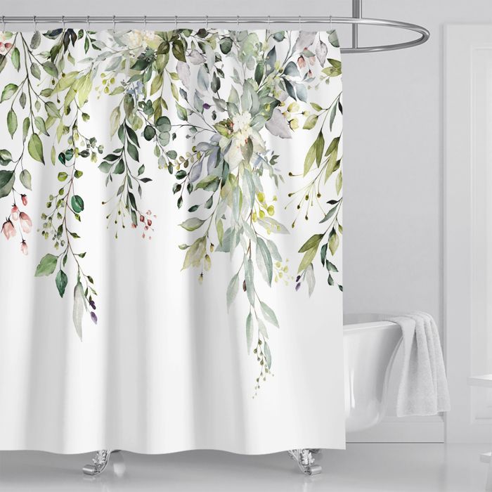 Rideau de douche avec crochets motif feuilles deau au dernier étage et décor floral pour salle de bainFeuilles vertes-180x200 cm