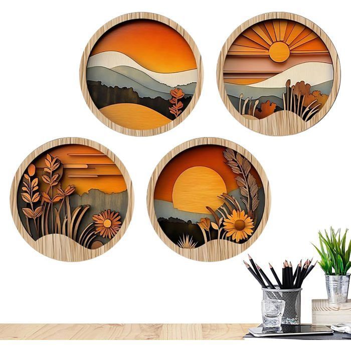 4 Cadres Ronds Déco Murale Bohème - 20x20 Cm, Bois Naturel, Motifs Géométriques | Décoration Ferme Moderne