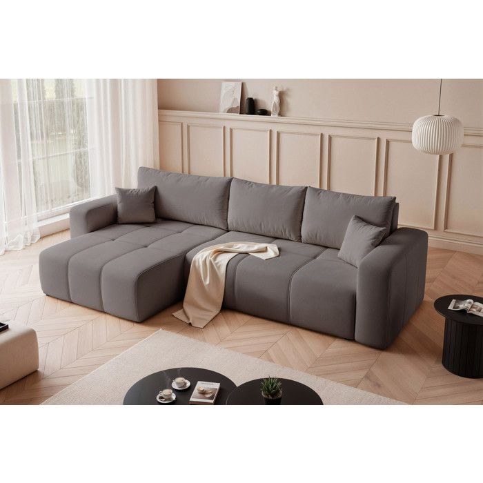 Canapé dangle Réversible PEDRO - 5 places - Convertible avec Coffre - Tissu Velours - Gris foncé
