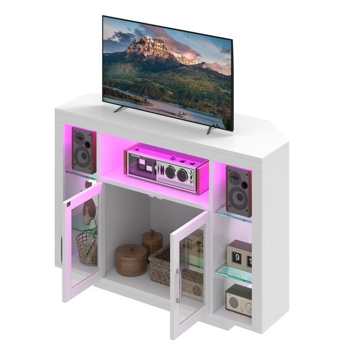 Balconera Meuble TV Angle 100 x 40 x 73 cm - LED RVB Téléviseurs 55 7 Étagères Centre Jeux - Blanc