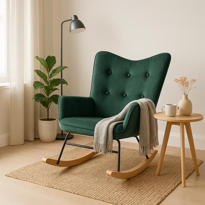 URBAN MEUBLE - Fauteuil - Style Scandinave - En velours vert - Avec pieds en bois clair URBAN MEUBLE - Fauteuil - Style Scandinave - En velours vert - Avec pieds en bois clair