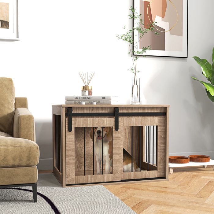 Comparer les prix de Cage caisse pour chien animaux intérieur porte coulissante métal effet bois dim. 57H x 80L x 54l cm