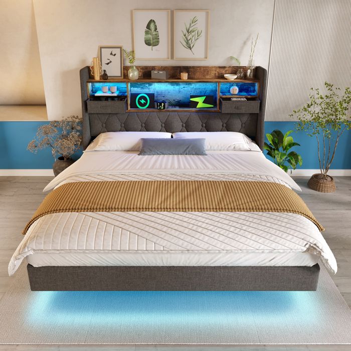 Lit rembourré 160 x 200 cm avec éclairage LED et station de recharge lit double avec tête de lit de rangement tissu en lin
