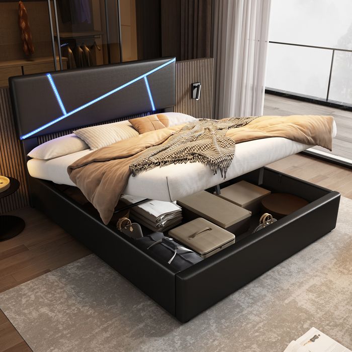 Lit rembourré confortable avec bandes lumineuses LED140*200 cm lit double avec grille lattine fauteuil dorsal lit fonctionnel