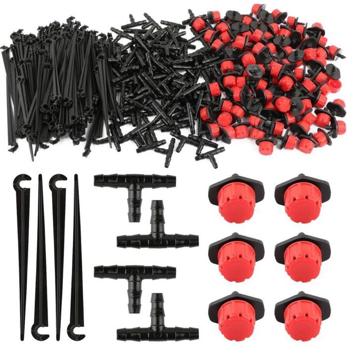 300pcs Goutteurs Irrigation Réglable + Tee Joint de Tuyau +Piquet de Support pour Kit Système dirrigation de Bricolage Goutte Aut