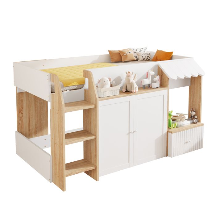 Lit Enfant mi hauteur 90x200cm en bois massif Lit simple avec RangementÉchelle d’EscaladeDesign LudiqueBlanc