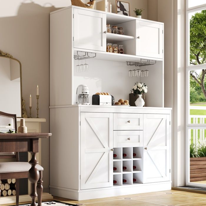 Buffet haut salle a manger -Meuble vaisselier cuisine avec éclairage LED -Armoire blanc avec 4 portes et 2 tiroirs-120 x 40 x 188 cm