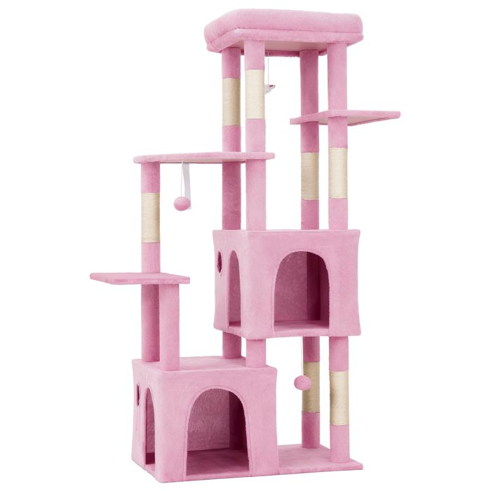 Arbre à chat robuste 155 cm Multi-niveaux grands chats perchoir XL 2 niches poteaux à griffer en sisal jouets suspendusRose