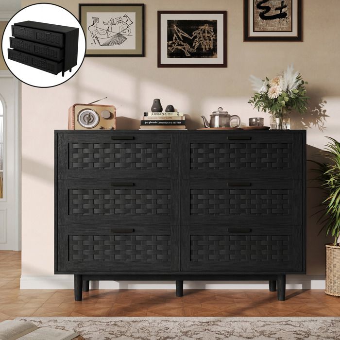 Commode Chambre 6 Tiroirs avec Rangements - Tressage Rotin Simulé - Commodes pour Salon - Style Scandinave - 115x40x80cm - Noir