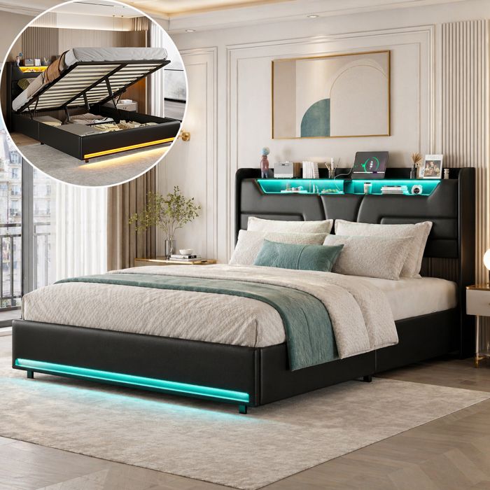 Lit Coffre 140x190 Noir – Sommier à Lattes, LED RGB, USB/Type-C, Rangement Hydraulique, Sans Matelas