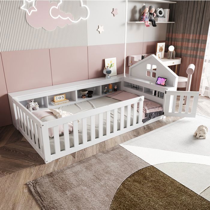 Lit enfant cabane avec rangements intégrés barrières de sécurité et porte