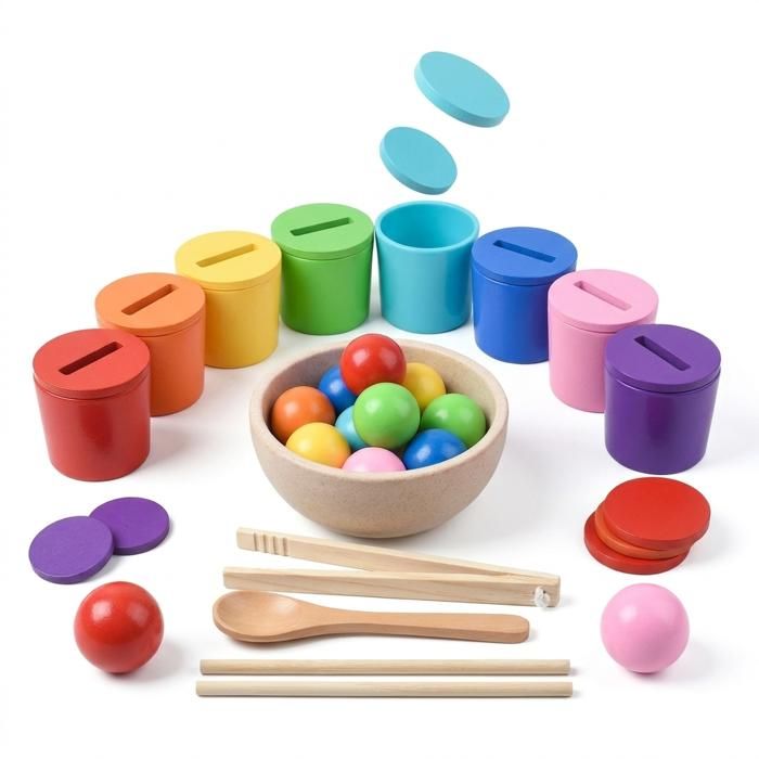 Coffret dApprentissage Montessori 8 Couleurs : Gobelets Jetons Boules et Outils (Pinces Baguettes) - Éveil & Motricité Fine