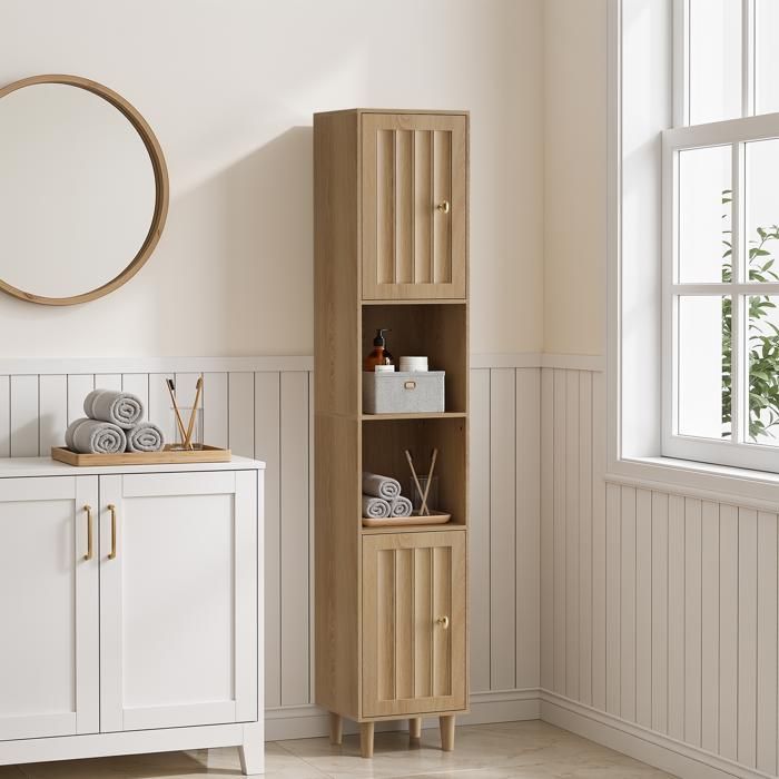 Meuble de salle de bains étroit meuble haut indépendant / meuble pour lave-linge avec portes et étagères ouvertes couleur chêne