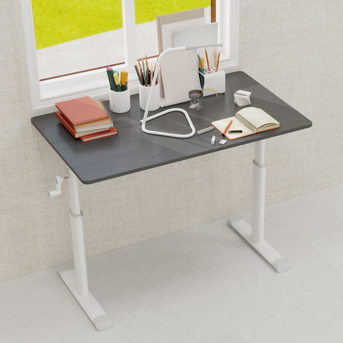 Bureau Droit Réglable en Hauteur avec Manivelle Double Colonne pour Bureau et Étude Métal Bois Gris 100×60×90 cm - UVRION