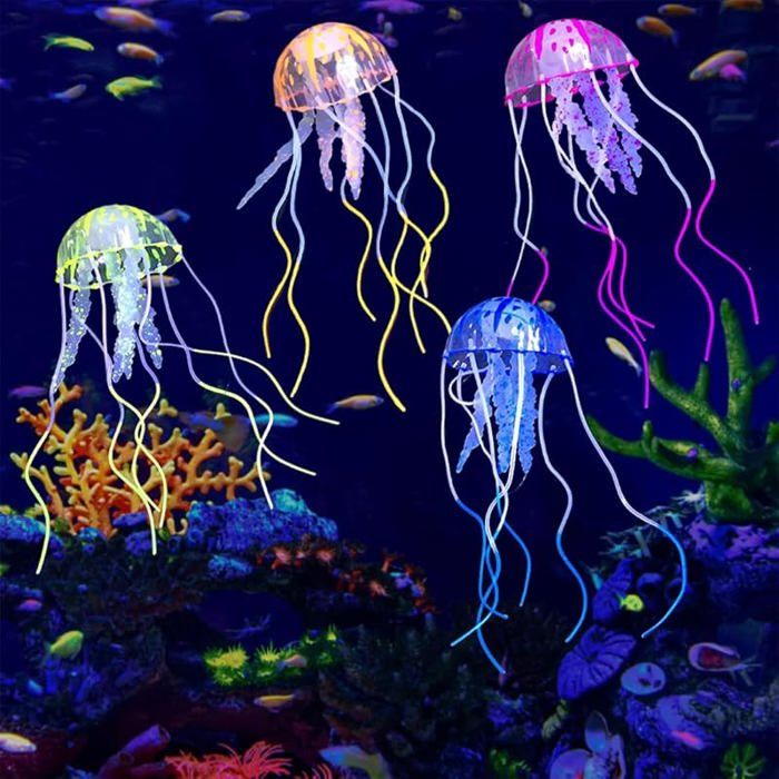 Ensemb de 4 Méduses Artificiels Lumineuses pour Aquarium en Silicone Fluorescent - Accessoires de Décoration pour Aquariums et