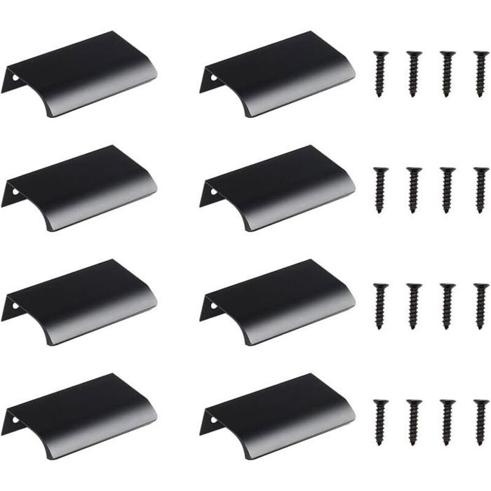 Poignées invisibles encastrées 80mm – Lot de 8 avec vis noir mat pour meubles et cuisine