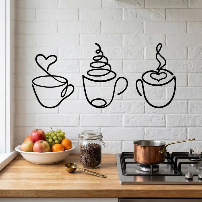 Décoration murale en métal représentant des tasses à café – Lot de 3 pièces modernes et élégantes en bois noir idéales pour cuisine