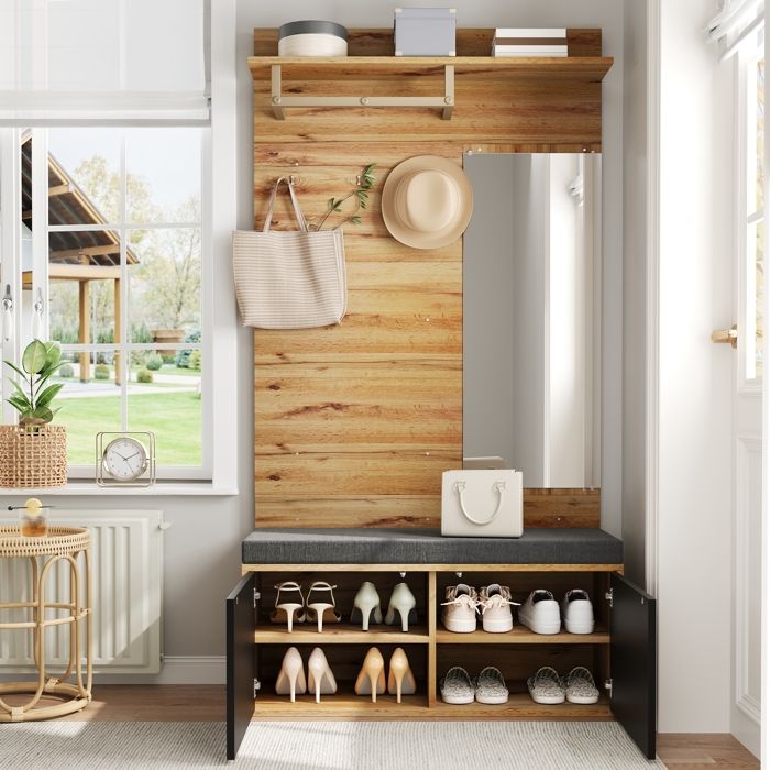 Ensemble de vestiaires avec patères miroir armoire à chaussures porte-manteau mural garde-robe banc de couloir 100x38x190 cm