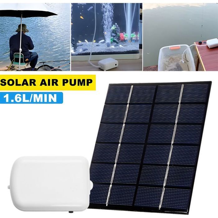Pompe à air solaire – 1.6L/min IP67 étanche batterie 2000mAh – pour étang aquarium et pêche