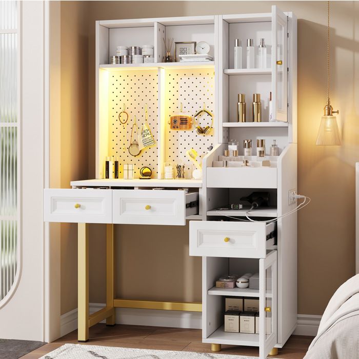 Coiffeuse bureau 2-en-1 avec LED 3 tiroirs 2 prises USB et USB-C panneau perforé blanc et or 100 x 45 x 156 cm