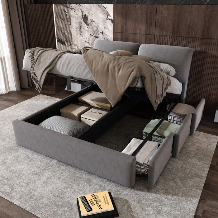 Lit Double Tapisserie Velours Gris 140x190cm Sommier Hydraulique coffre Rangement Et 3 Tiroirs tête De Lit Lattes Sans Matelas Lit Double Tapisserie Velours Gris 140x190cm Sommier Hydraulique coffre Rangement Et 3 Tiroirs tête De Lit Lattes Sans Matelas